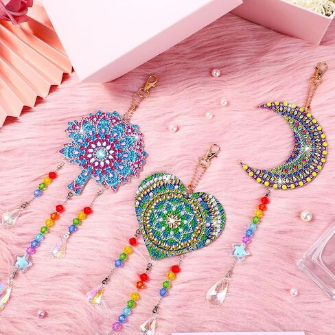 3 قطع من لوحات Suncatcher Wind Chime Cross Sun Star Moon Heart Mandala مزدوجة الجوانب من الكريستال جوهرة طلاء حسب الرقم زخرفة معلقة لحديقة المنزل (القمر، القلب، الماندالا) in Saudi Arabia