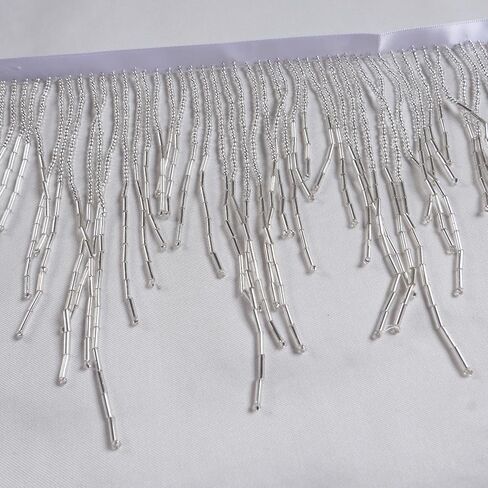 Silver beads Fringe Trim beads Fringe Belt glass beaded Fringe Trim Ribbon Tassel Chain for Clothing Accessories DIY Decoration 1Meter(39inches) length in Kuwait