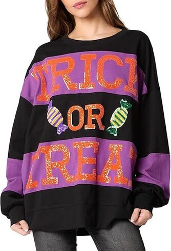 Halloween Sweatshirts for Women Sequin Color Block Crewneck Sweatshirts Long Sleeve Glitter Cute Sweatshirts in Saudi Arabia