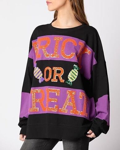 Halloween Sweatshirts for Women Sequin Color Block Crewneck Sweatshirts Long Sleeve Glitter Cute Sweatshirts in Saudi Arabia