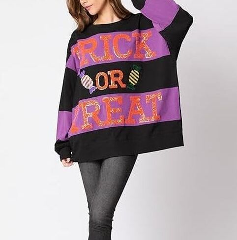 Halloween Sweatshirts for Women Sequin Color Block Crewneck Sweatshirts Long Sleeve Glitter Cute Sweatshirts in Saudi Arabia