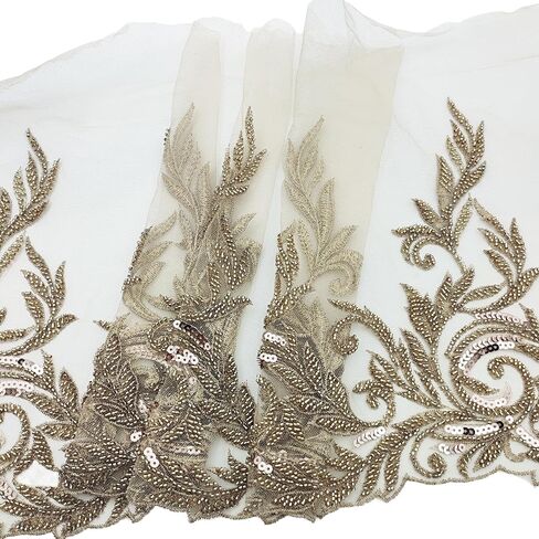1 Pair Gold 3D Lace Applique, Sew on Flower Bead Fabric Patches Embroidered Trim Applique for Wedding Dress Decor DIY Sewing Clothing Applique 12.6" x 4.3"Inch in Kuwait
