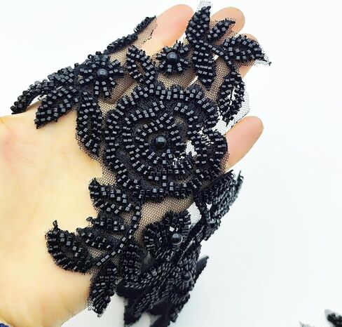 1 Pair Gold 3D Lace Applique, Sew on Flower Bead Fabric Patches Embroidered Trim Applique for Wedding Dress Decor DIY Sewing Clothing Applique 12.6" x 4.3"Inch in Kuwait