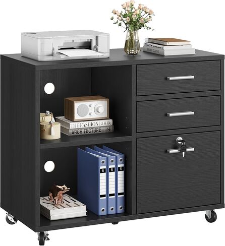 YITAHOME Wood File Cabinet, 3 Drawer Mobile Lateral Filing Cabinet, Storage Cabinet Printer Stand with 2 Open Shelves for Home Office Organization, Black in Saudi Arabia