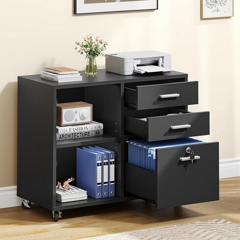 YITAHOME Wood File Cabinet, 3 Drawer Mobile Lateral Filing Cabinet, Storage Cabinet Printer Stand with 2 Open Shelves for Home Office Organization, Black in Saudi Arabia