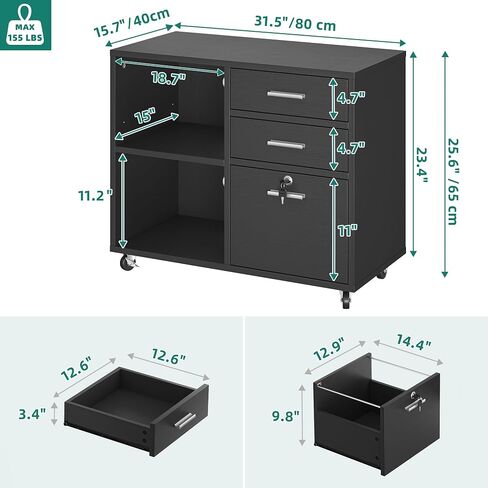 YITAHOME Wood File Cabinet, 3 Drawer Mobile Lateral Filing Cabinet, Storage Cabinet Printer Stand with 2 Open Shelves for Home Office Organization, Black in Saudi Arabia