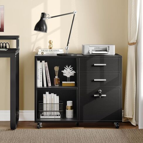 YITAHOME Wood File Cabinet, 3 Drawer Mobile Lateral Filing Cabinet, Storage Cabinet Printer Stand with 2 Open Shelves for Home Office Organization, Black in Saudi Arabia