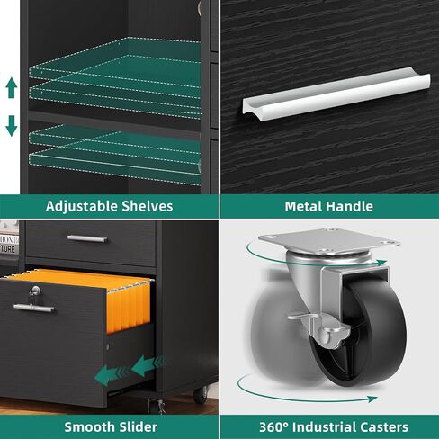 YITAHOME Wood File Cabinet, 3 Drawer Mobile Lateral Filing Cabinet, Storage Cabinet Printer Stand with 2 Open Shelves for Home Office Organization, Black in Saudi Arabia