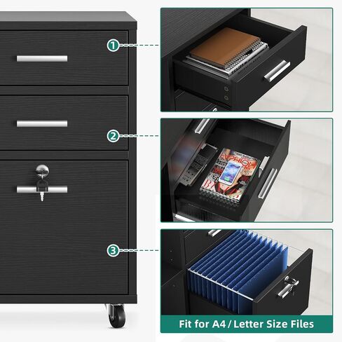 YITAHOME Wood File Cabinet, 3 Drawer Mobile Lateral Filing Cabinet, Storage Cabinet Printer Stand with 2 Open Shelves for Home Office Organization, Black in Saudi Arabia