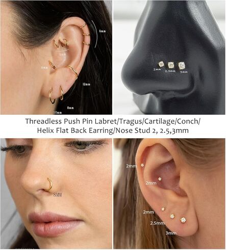 Staligue 18G/20G Threadless Nose Studs,316L Surgical Steel Push in Nose Rings Studs CZ Tragus Conch Helix piercing jewelry Flat Back Earrings Lip Labret Gold Nose Studs Monroe Medusa Piercing Jewelry in Saudi Arabia