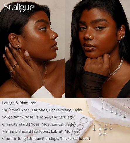 Staligue 18G/20G Threadless Nose Studs,316L Surgical Steel Push in Nose Rings Studs CZ Tragus Conch Helix piercing jewelry Flat Back Earrings Lip Labret Gold Nose Studs Monroe Medusa Piercing Jewelry in Saudi Arabia