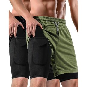 2 in 1 Mens Shorts Casual 2 Pack, Running Gym Shorts for Men 7 Inch, Workout Shorts Men with Pockets &Towel Loop