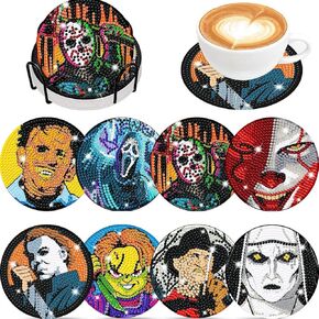 8 PCS Halloween Diamond Art Coasters - DIY Horror Diamond Painting Coasters Kits with Holder, Small Diamond Dot Coasters for Adults Beginners Art Craft Supplies