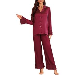 Verdusa Women's Satin Notch Collar Blouse and Ruffle Hem Pants PJ Set