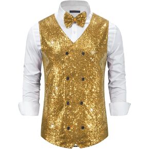 Lars Amadeus Sequin Vest for Men's Double-Breasted Party Disco Nightclub Sleeveless Sparkly Suit Waistcoat