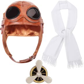 Kyson Aviator Costume 4Pcs 1920s Vintage Aviator Hat With Goggles White Scarf Brooch for Halloween Aviation Pilot Theme Party