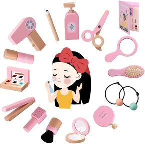 Ehome Wooden Makeup Toy Set, Wooden Salon Toys Toddler Pretend Makeup Kit for Little Girls Princess Gift Wood Play Make Up Beauty Set Toys for Girls Age 3 - 9 Birthday Christmas