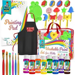 KEFF Kids and Toddler Paint Set - 33 Piece Painting Set for Toddlers with Non Toxic Washable Tempera Finger Paint, Brushes, Palette, Apron, Paper Pad & More Art Supplies Kit for All Ages