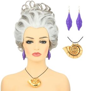 morvally Short Gray White Undersea Witch Costume Wigs with Shell Necklace and Earrings for Women Cosplay Halloween Party