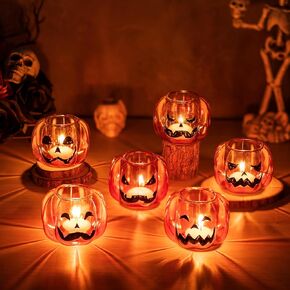 حامل شموع نذري للهالوين من Hewory: مجموعة من 6 زخارف على شكل يقطين الهالوين زجاج حامل شموع مع كشر، ديكور يقطين زجاجي مضحك لديكورات الهالوين ونافذة طاولة حفلة عيد الميلاد in Kuwait