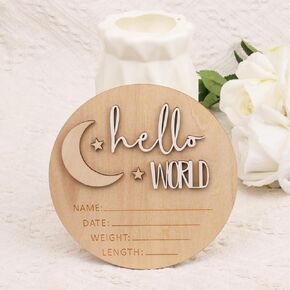 Birth Announcement Sign, 5.91 Inch Wooden Hello World Newborn Sign New Baby Name Welcome Cards Smooth Hospital Newborn Announcement Board