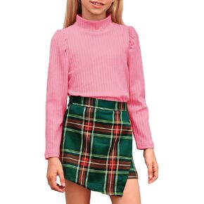 rrhss Girls 2 Piece Christmas Outfit Long Sleeve Ribbed Turtleneck Tops and Plaid Skorts Skirt Sets
