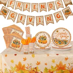 Friendsgiving Decorations Plates Party Supplies - 98Pcs Friendsgiving Plates for 12 Guests Thanksgiving Table Fall Paper Plates and Napkins Set, Autumn Disposable Dinnerware
