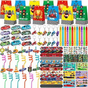 96Pcs Race Car Party Favors, Race Car Birthday Party Supplies Include Mini Race Cars Bubble Wands Straw Slap Bracelet DIY Stickers Tattoo Stickers Car Bags for Kids Race Car Themed Decorations
