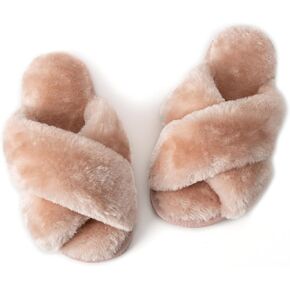 Girls Fluffy Soft Plush Cross Band Slippers Kids Open Toe Memory Foam House Shoes
