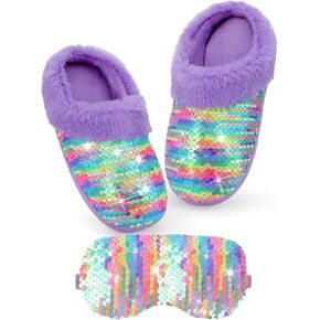 Girls Plush Sequin Slippers With Sleep Mask, Cute Faux Fur Slip-on Shoes Memory Foam House Shoes for Girls Bedroom Slippers