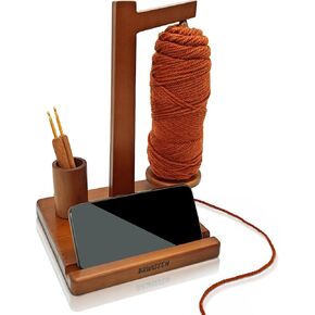 Wooden Yarn Holder for Crocheting and Knitting with Phone Stand, Crochet Hook Storage, and Magnetic Yarn Ball Holder Spinner - Ideal Gift for Crochet Lovers-Walnut Color