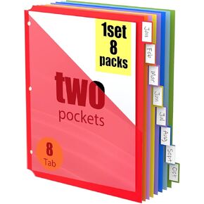 HABGP 8 Tab Dividers for 3 Ring Binder with Front Pocket, 8 Pcs Multicolor 3 Ring Binder Dividers with Tabs, Page Folder Plastic Tabbed File Dividers with Tabs,Three Ring Binder Index Dividers, 1 Set