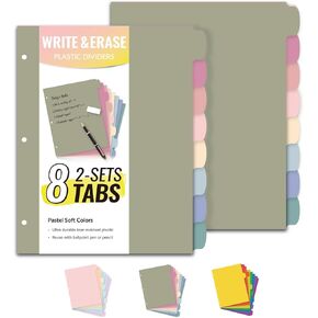 Sooez 8-Tab Durable Plastic Write & Erase Big Tab Dividers for 3 Ring Binder, Aesthetic Cute Pastel Binder Dividers for Student, Teacher, Office, Home Organizers, 1 Set, Pastel