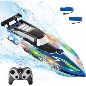 Self-Righting 2.4GHz RC Boat with LED Lights - 20MPH High-Speed Waterproof Remote Control Boat for Pools & Lakes, Anti-Collision Design, Rechargeable Battery - Water Toy for Kids and Adults