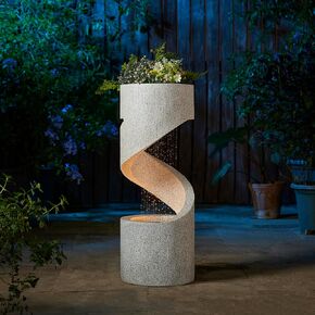 Glitzhome Decorative Tiered Outdoor Water Fountain with LED Light, Curved Waterfall Fountain with Stone Planter, Patio Water Fountain Garden Waterfall, 31.3"H