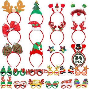 HOVACY 24 PCS Christmas Party Favors, Various Styles Christmas Headbands and Glasses Set, Cute Felt Glitter Eyeglasses Headpieces Set for Xmas New Year Holiday Adults Kids Party Supplies