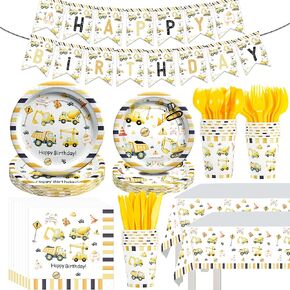 Construction Birthday Party Supplies - Construction Party Decorations Tableware, Paper Plate, Napkin, Cup, Cutlery, Tablecloth, Banner, Truck Excavator Birthday Table Decorations | Serve 24