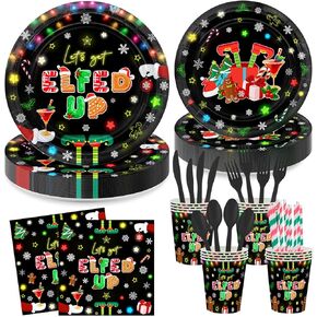 Avezano 192 Pcs Christmas Paper Plates and Napkins Let's Get Elfed Up Party Decorations Friendsmas Christmas Disposable Tableware for 24 Guests