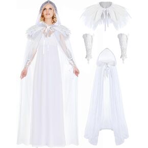 SATINIOR 3 Pack Witch Hooded Cloak Halloween Hooded Cape Witch Costume Set Natural Feather Shawl Lace Long Glove Evil Cosplay