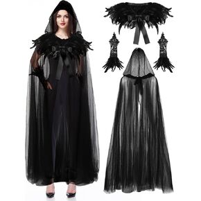 SATINIOR 3 Pack Witch Hooded Cloak Halloween Hooded Cape Witch Costume Set Natural Feather Shawl Lace Long Glove Evil Cosplay
