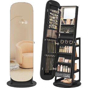 SONGMICS LED Jewelry Cabinet, 360° Swivel Jewelry Organizer, Lockable Mirror Jewelry Cabinet Standing, Rounded Wide Full-Length Mirror with Storage Shelves, Interior Mirror, Cloud White UJJC036W01