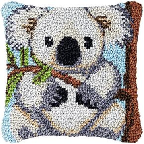 Koala Bear Latch Hook Pillow Making Kits Cover for DIY Cushion Cross Stitch Latch Hook Pillowcase Rug Kits with Preprinted Canvas Crochet Yarn Kits Needlework Crafts 17'' X 17''