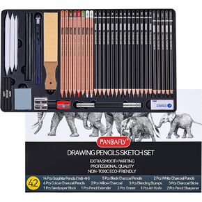 PANDAFLY Drawing Sketching Pencil Set, 42 Pack Pro Art Pencil Kit with Graphite Pencils (14B-4H), Charcoal Pencil, Ideal for Shading, Blending, Drawing Set for Beginners & Pro Artists