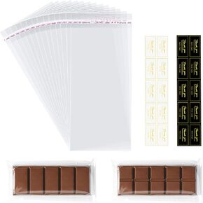100 Pcs Knafeh Pistachio Chocolate Bar Wrappers with 100 Pcs Thank You stickers - 2.5 x 7.1 inch Candy Bar Packaging- Self Adhesive Small Plastic Wax Melt Snap Bar Bags
