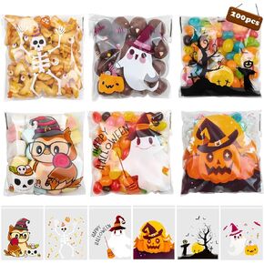 RICEDUO 200Pcs Halloween Candy Bags, Self-Adhesive Clear Cookie Treat Bags, Cellophane Plastic Gift Bags for Halloween Party Supplies, Homemade Crafts, and Snack Gift Packing (6 Styles)