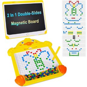 2 in 1 Magnetic Drawing Board, Large Magnet Doodle Board with Pen and Dot Beads, Color Shape Pattern Art Pad, Montessori Educational Traveling Toy Gift for 3 4 5 6 Years Old Toddlers