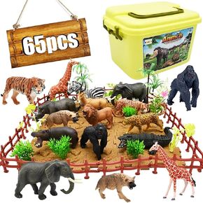 65PCS Safari Animal Figurines Toy Set, Realistic Jungle Zoo Figures with Elephant, Lion, Giraffe, Fence, Building Blocks for Kids Ages 3-8
