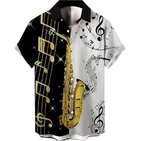 Music Shirts for Men Hawaiian Bowling Vintage Print Short Sleeve Casual Button Down Beach Big Tall Shirt