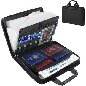 Important Document Organizer with Handle, Fireproof Accordion File Organizer with Zipper & Labels, 12 Pockets Expanding File Folder for Letter A4 Files, Accordion Folder for Document Storage (Black)