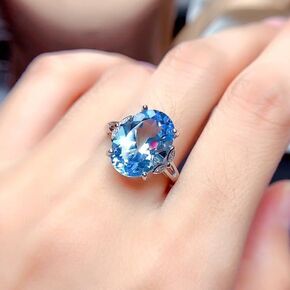 925 Sterling Silver Oval sea Blue Topaz Zircon Diamond Ring Gemstone Birthstone Sapphire Halo CZ Inlaid Adjustable Birthstone Wedding Promise Jewelry
